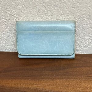 HOBO Jill Trifold Wallet w/Zip Coin Back Leather Pale Blue Distressed